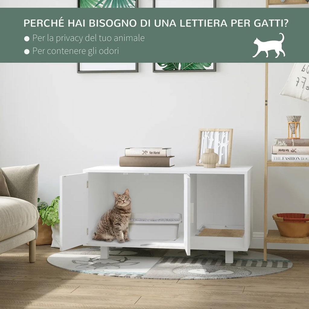 Mobile per Lettiera Gatti in Legno con 2 Ante e Apertura Laterale con Tiragraffi, Bianco