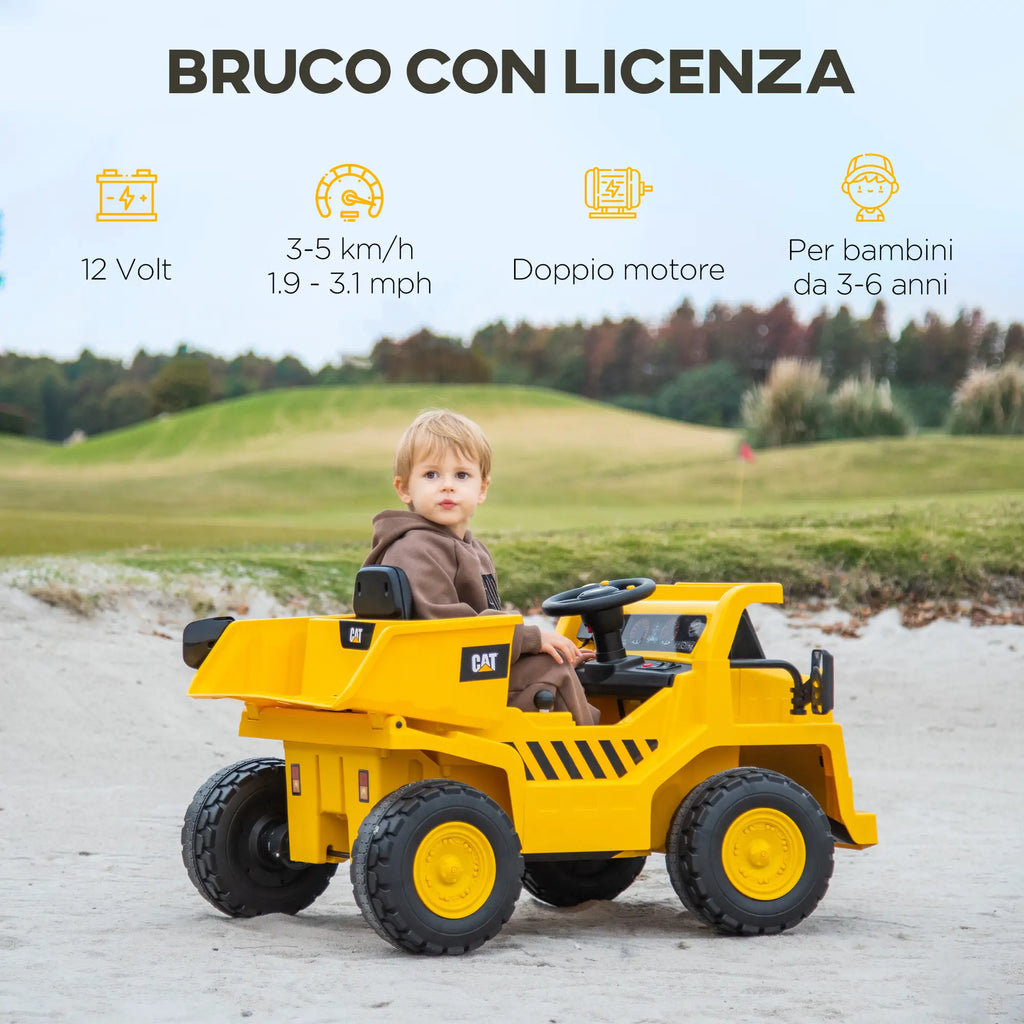 Camion Elettrico Caterpillar 12V per Bambini con Telecomando, Benna, Pala, Luci LED e Musica