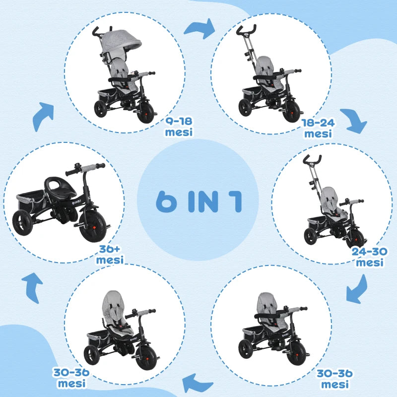 Triciclo 6 in 1 per Bambini con Tettuccio e Maniglione