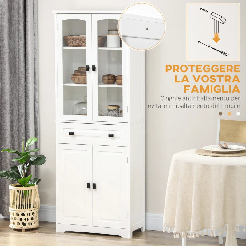 Credenza Alta da Cucina con Ante in Vetro, 2 Armadietti, Cassetto e Ripiani Regolabili