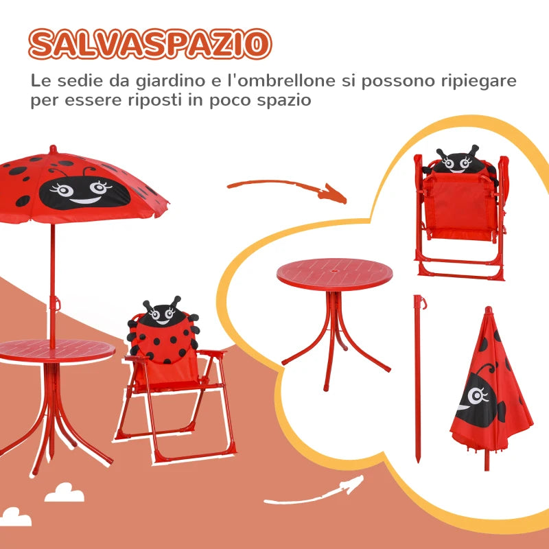 Set Tavolo da Giardino per Bambini con 2 Sedie Pieghevoli e Ombrellone
