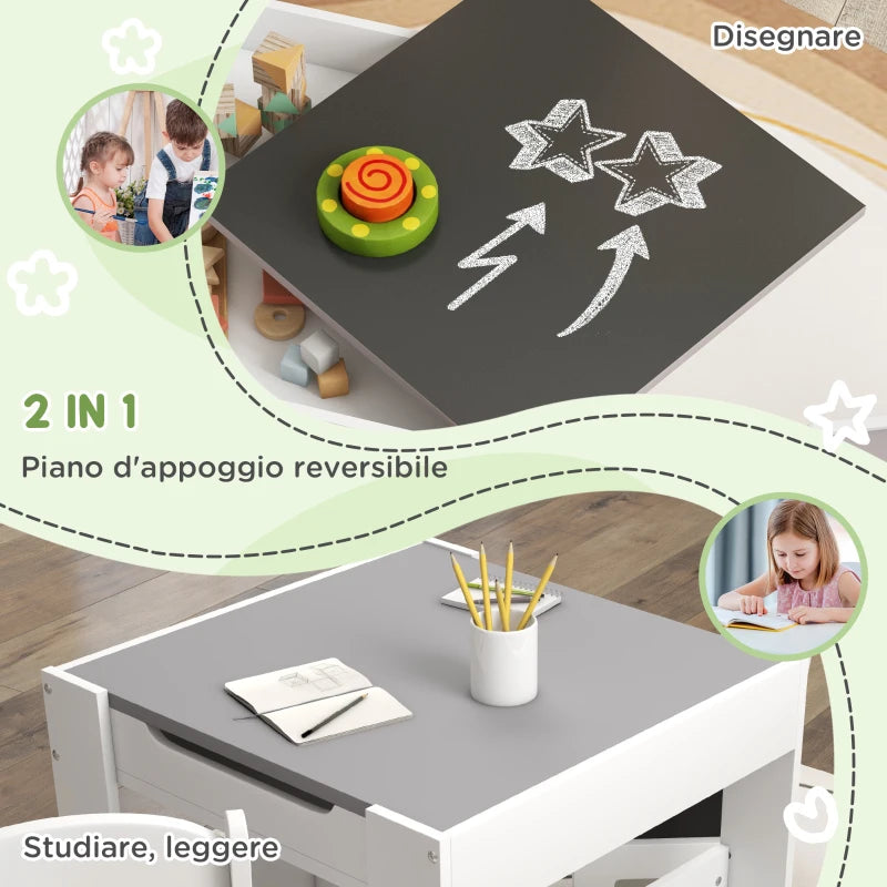 Set Tavolino per Bambini con 2 Sedie, Lavagna 2 in 1 e Contenitori