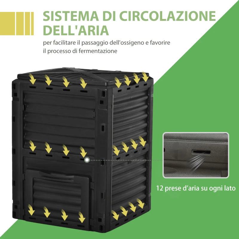 Bidone per Compostaggio da Giardino 300 L Nero