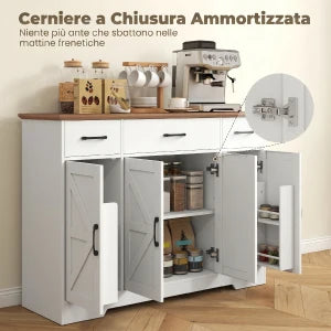Credenza da Cucina Rustica con 3 Cassetti, Ante Soft-Close e Ripiani Regolabili Bianca