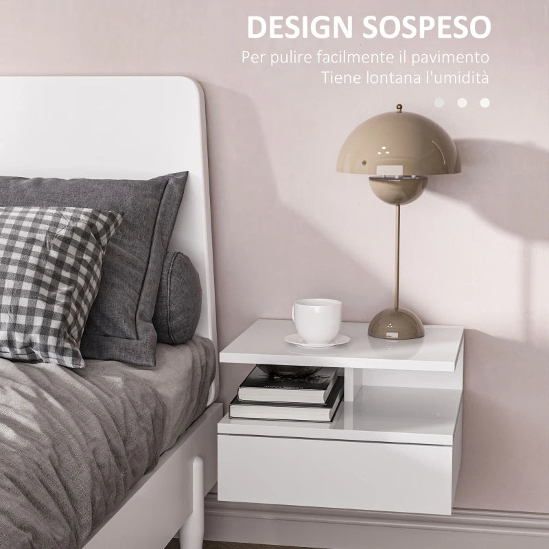 Set 2 Comodini Sospesi Bianchi con Cassetto e Mensola