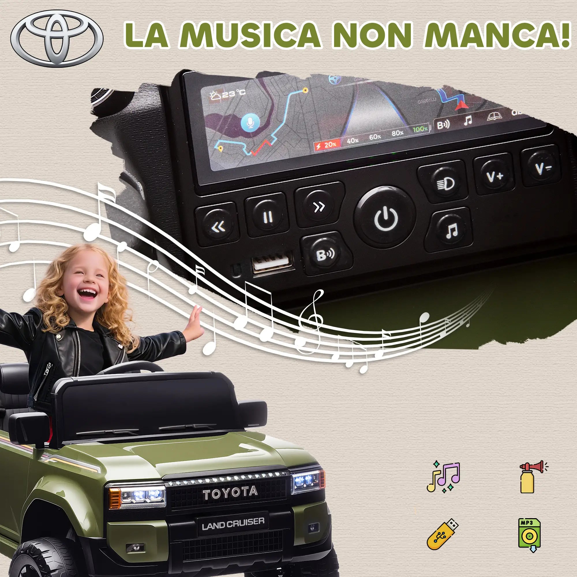 Auto Elettrica Toyota Land Cruiser 12V per Bambini con Telecomando, Luci LED e Doppio Motore