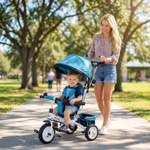 Triciclo Evolutivo 6 in 1 per Bambini con Maniglione di Spinta, Tettuccio Parasole e Cintura di Sicurezza