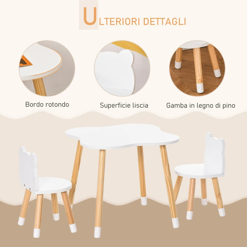 Set Tavolino e 2 Sedie per Bambini a Forma di Orsetto