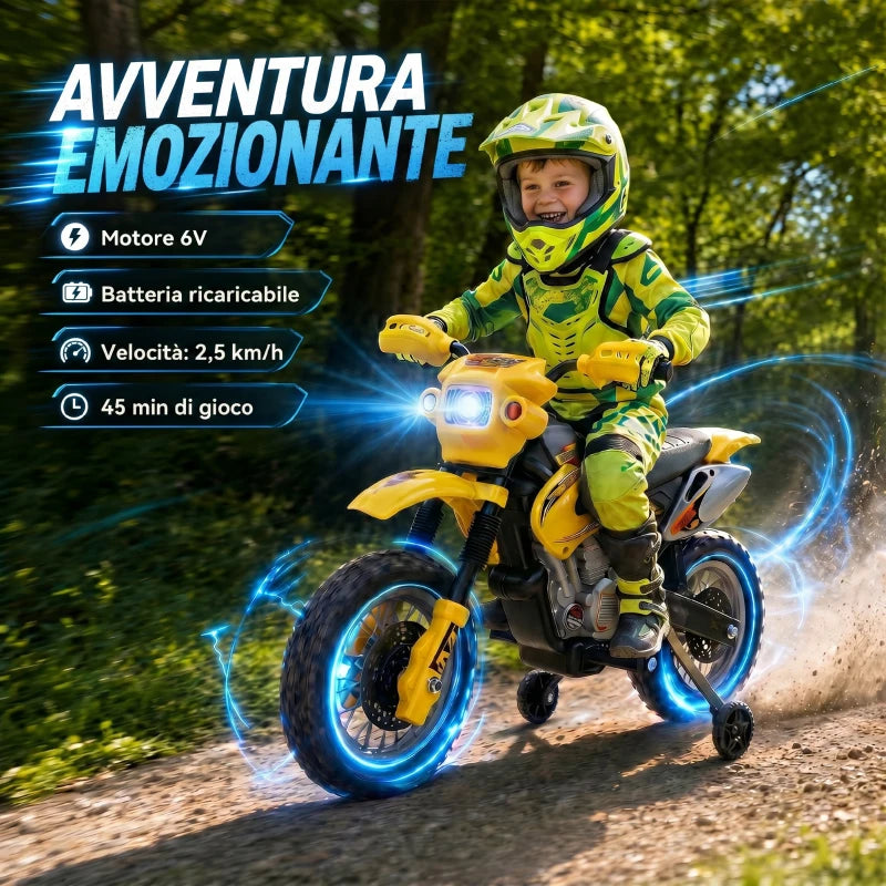 Moto Cross Elettrica per Bambini con Rotelle Gialla