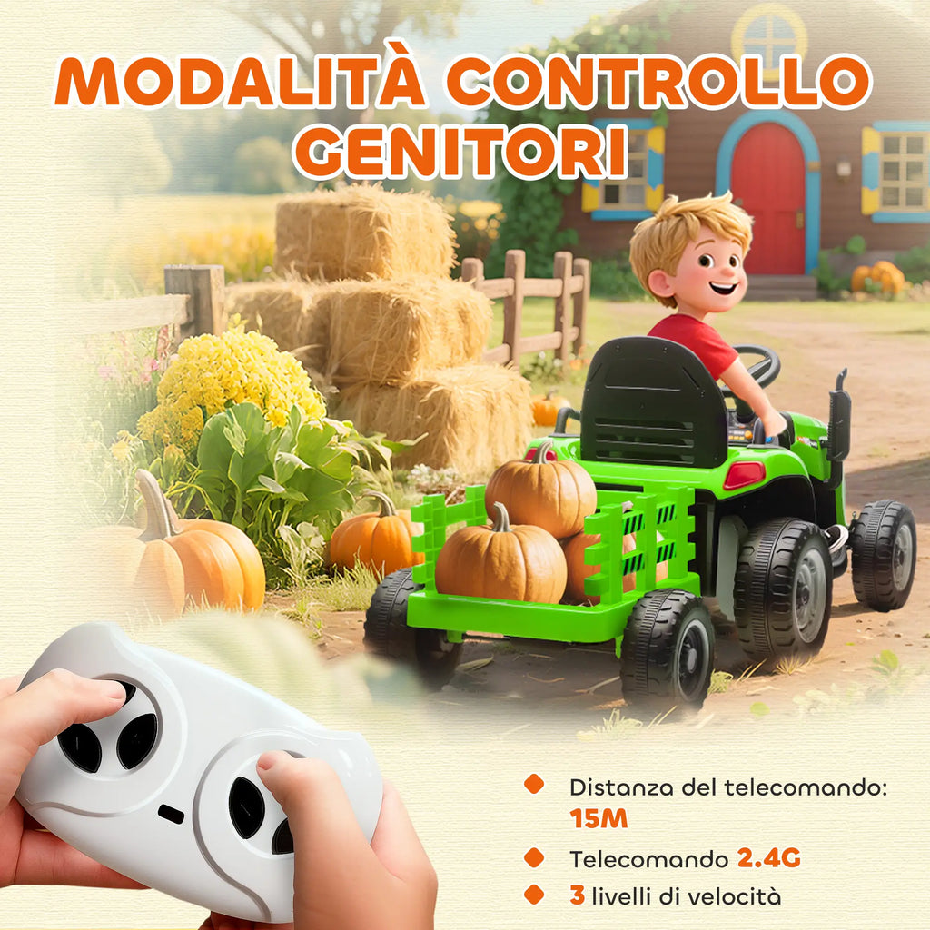 Trattore Elettrico 12V per Bambini con Rimorchio Rimovibile, Telecomando, Luci LED e Musica
