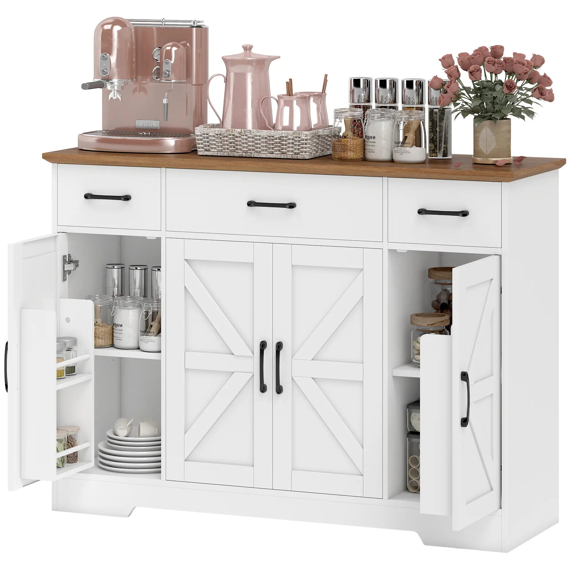 Credenza da Cucina Rustica con 3 Cassetti, Ante Soft-Close e Ripiani Regolabili Bianca