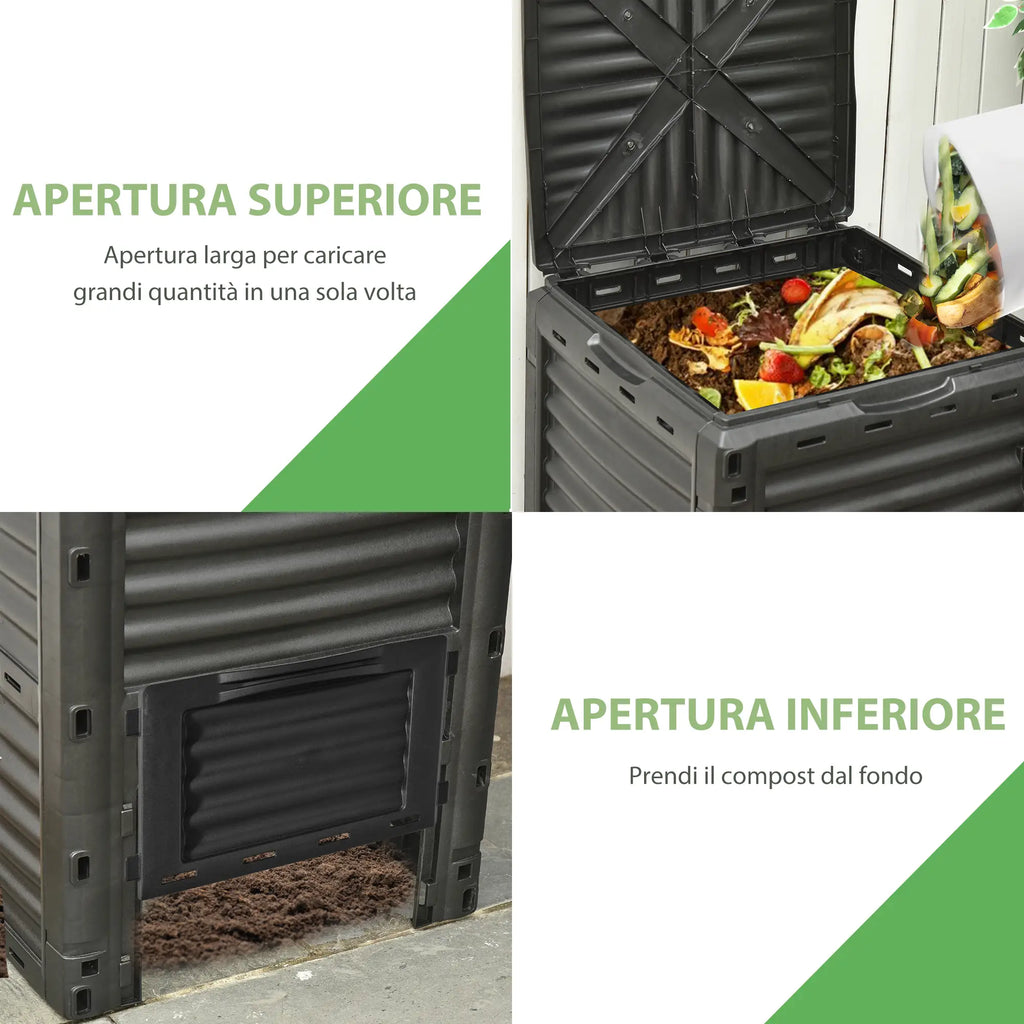 Bidone per Compostaggio da Giardino 300 L Nero