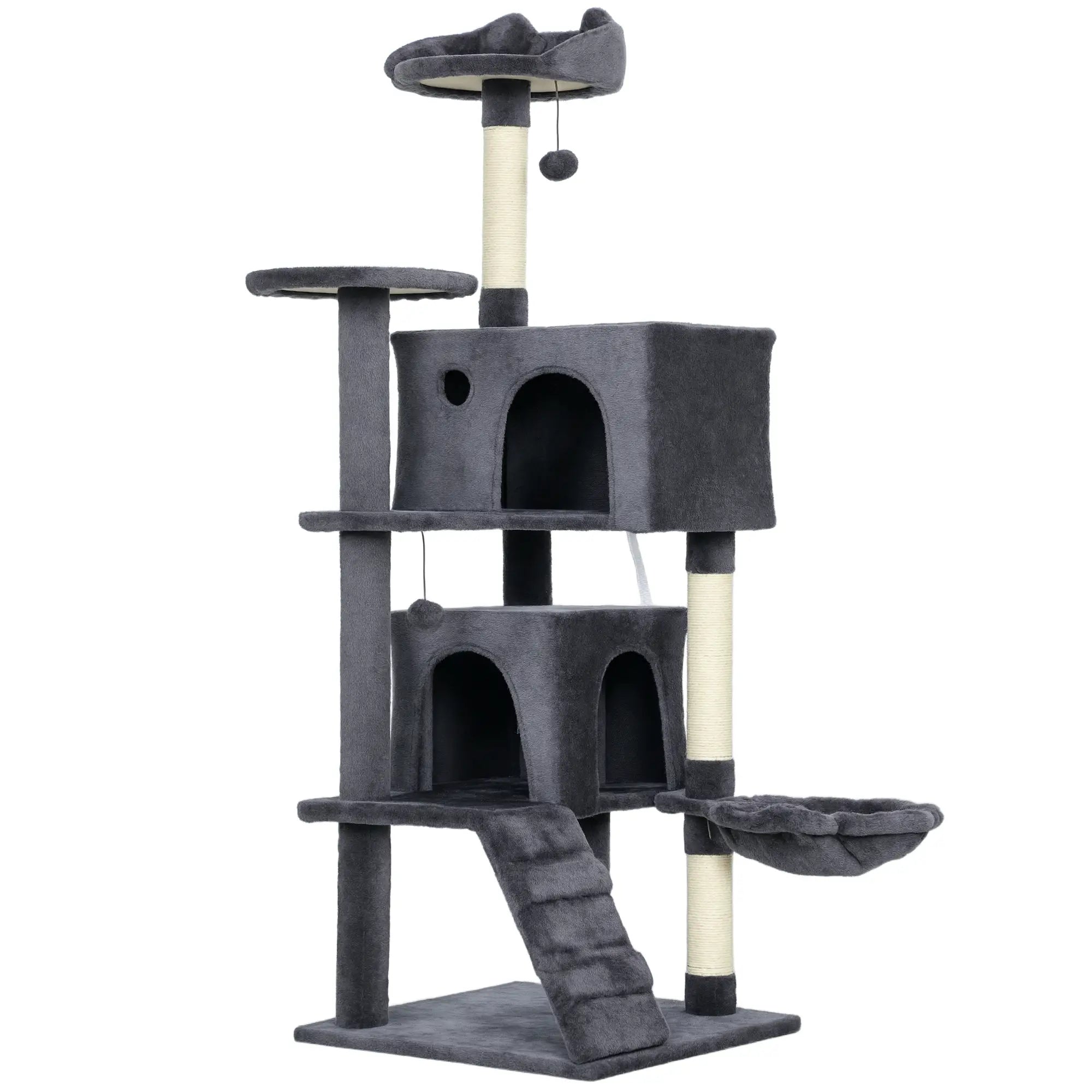 Albero Tiragraffi per Gatti con 2 Casette, Lettino, Amaca e Rivestimento in Peluche Grigio