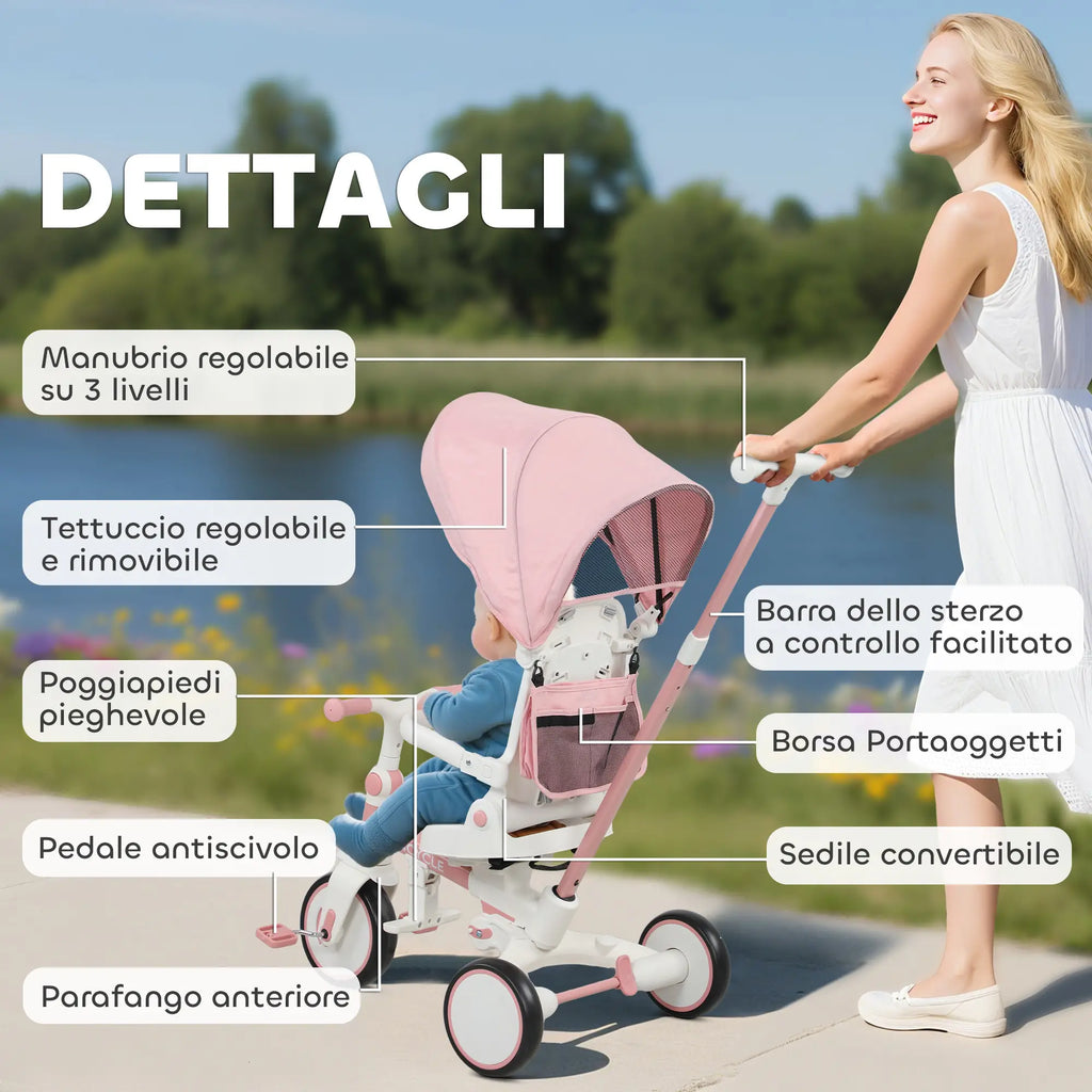Triciclo 5 in 1 per Bambini con Maniglione di Spinta, Tettuccio Parasole e Seduta Regolabile