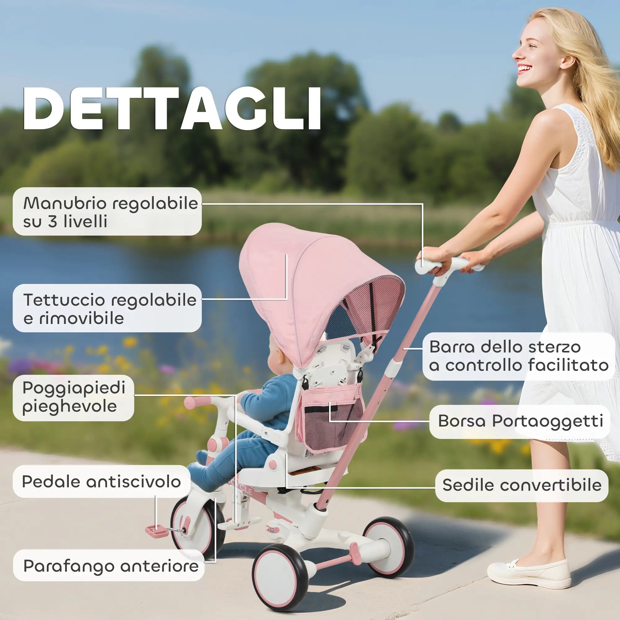 Triciclo 5 in 1 per Bambini con Maniglione di Spinta, Tettuccio Parasole e Seduta Regolabile