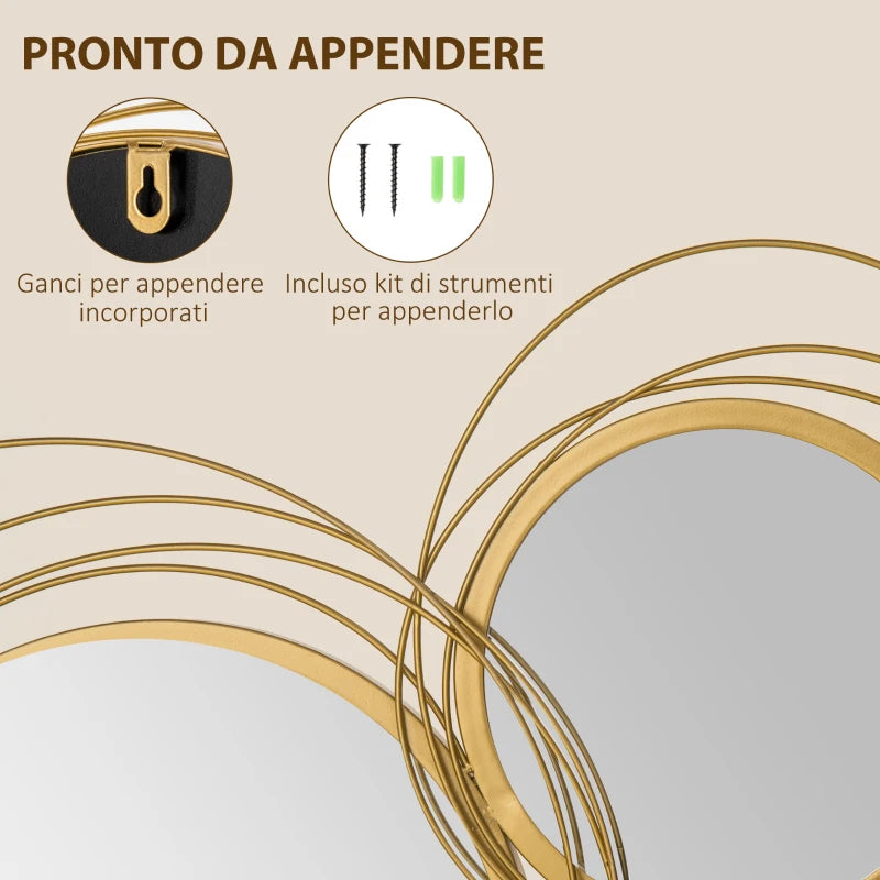Decorazione Murale 3D in Metallo con Cerchi e Specchi Oro