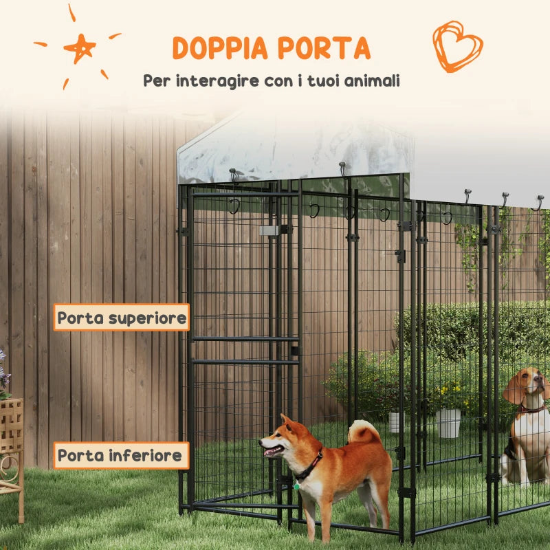 Recinto per Cani da Esterno con Tetto e Porta a 2 Sezioni in Metallo