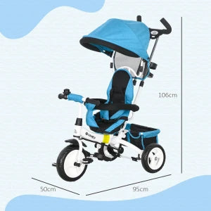 Triciclo Evolutivo 6 in 1 per Bambini con Maniglione di Spinta, Tettuccio Parasole e Cintura di Sicurezza