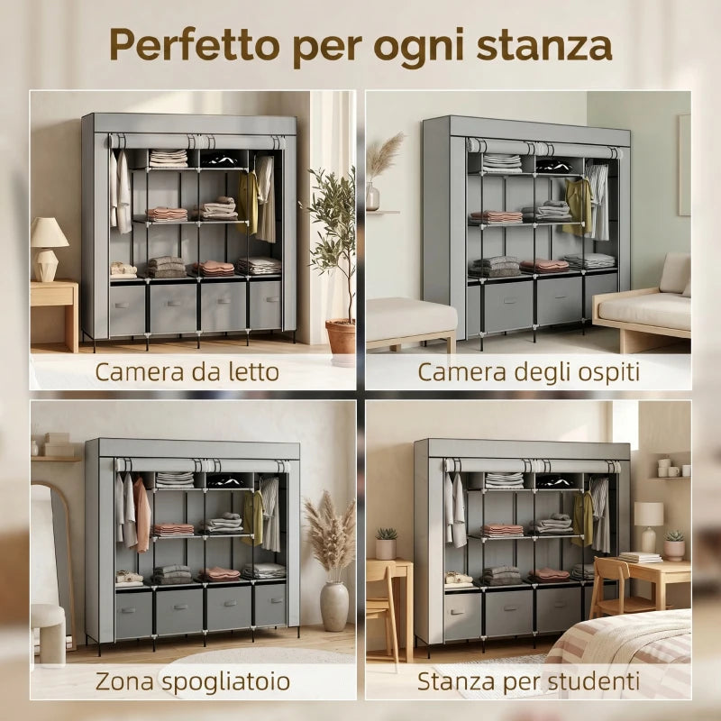 Armadio in Tessuto con 10 Ripiani, 4 Cassetti e Ante a Cerniera Grigio