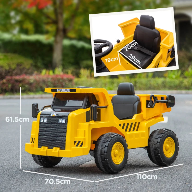 Camion Elettrico Caterpillar 12V per Bambini con Telecomando, Benna, Pala, Luci LED e Musica