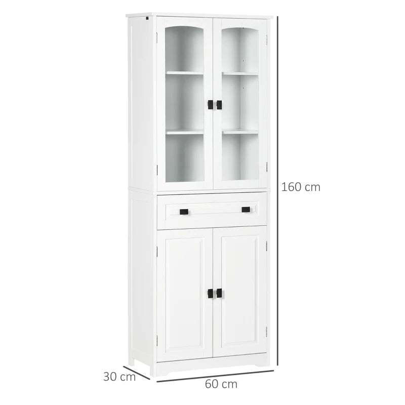 Credenza Alta da Cucina con Ante in Vetro, 2 Armadietti, Cassetto e Ripiani Regolabili