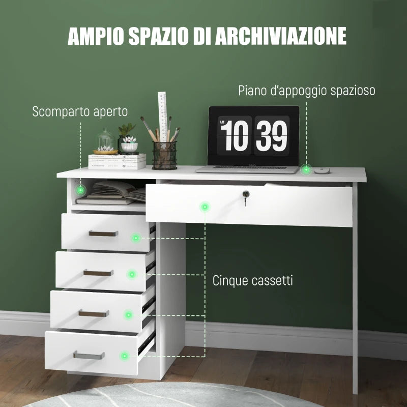 Scrivania Moderna con 5 Cassetti, Scomparto Aperto e Serratura