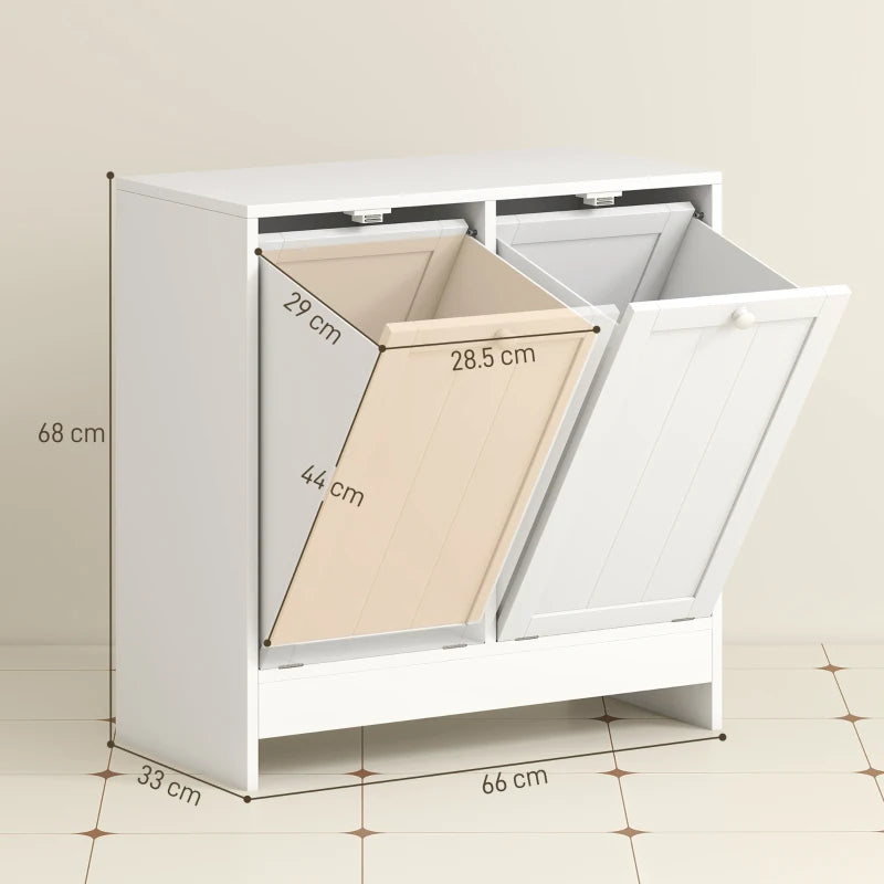 Mobile Portabiancheria con 2 Scomparti a Ribalta in Legno, 66x33x68cm, Bianco