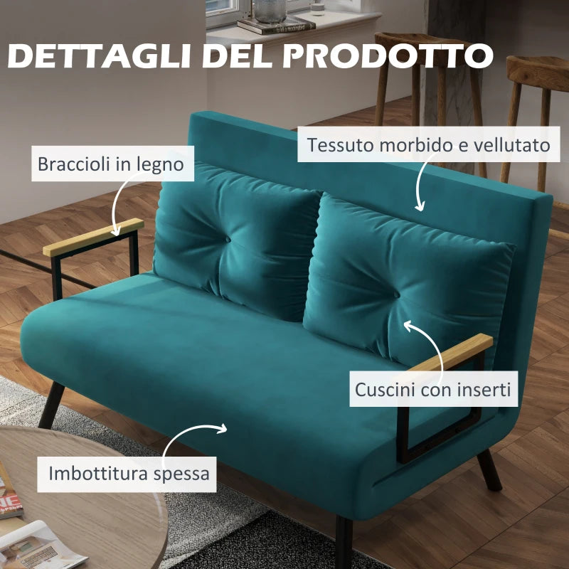 Divano Letto Matrimoniale 3 in 1 in Tessuto Effetto Velluto Verde con Schienale Regolabile