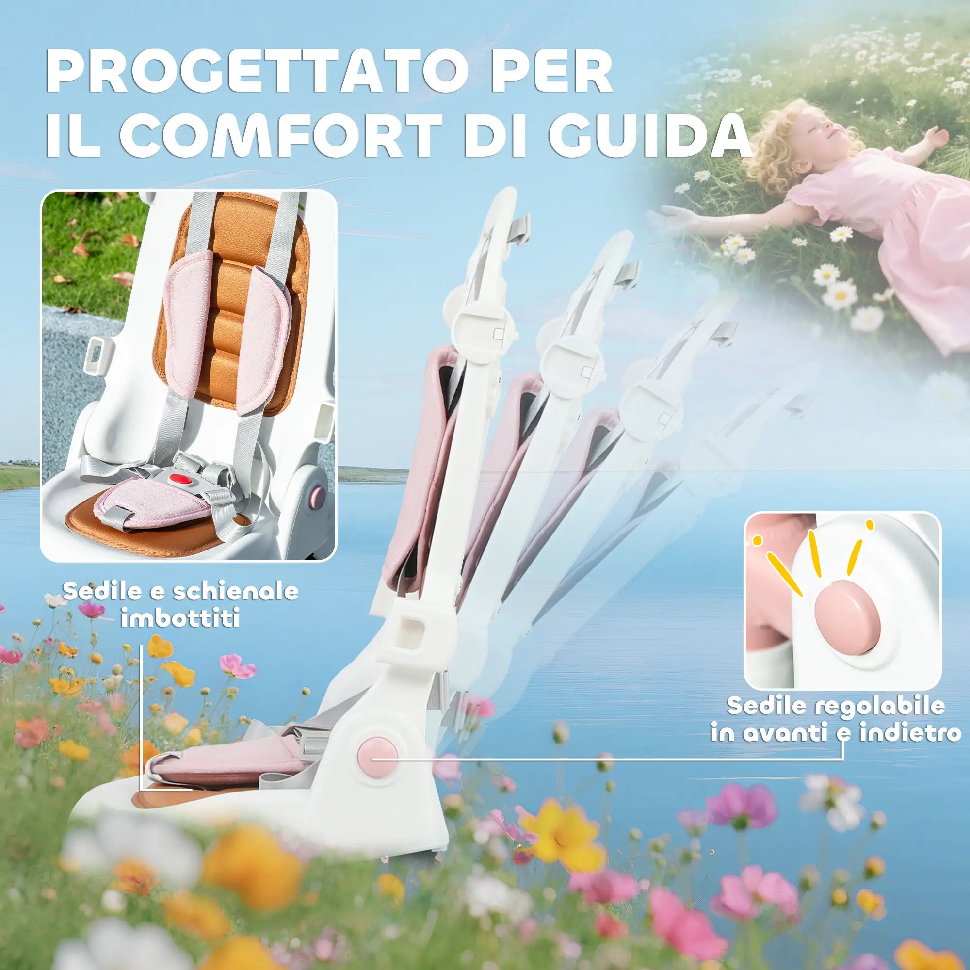 Triciclo 5 in 1 per Bambini con Maniglione di Spinta, Tettuccio Parasole e Seduta Regolabile