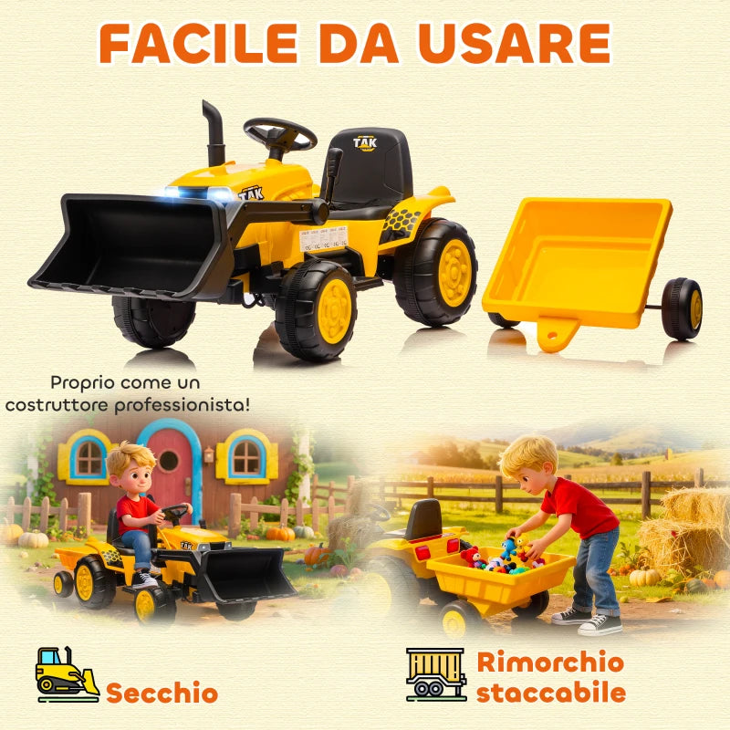Escavatore Elettrico 12V per Bambini con Benna, Rimorchio, Telecomando e Luci LED