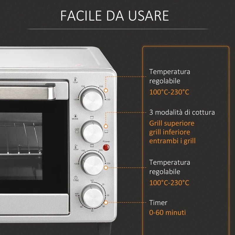 Mini Forno Elettrico 32 L con Piastre e Girarrosto