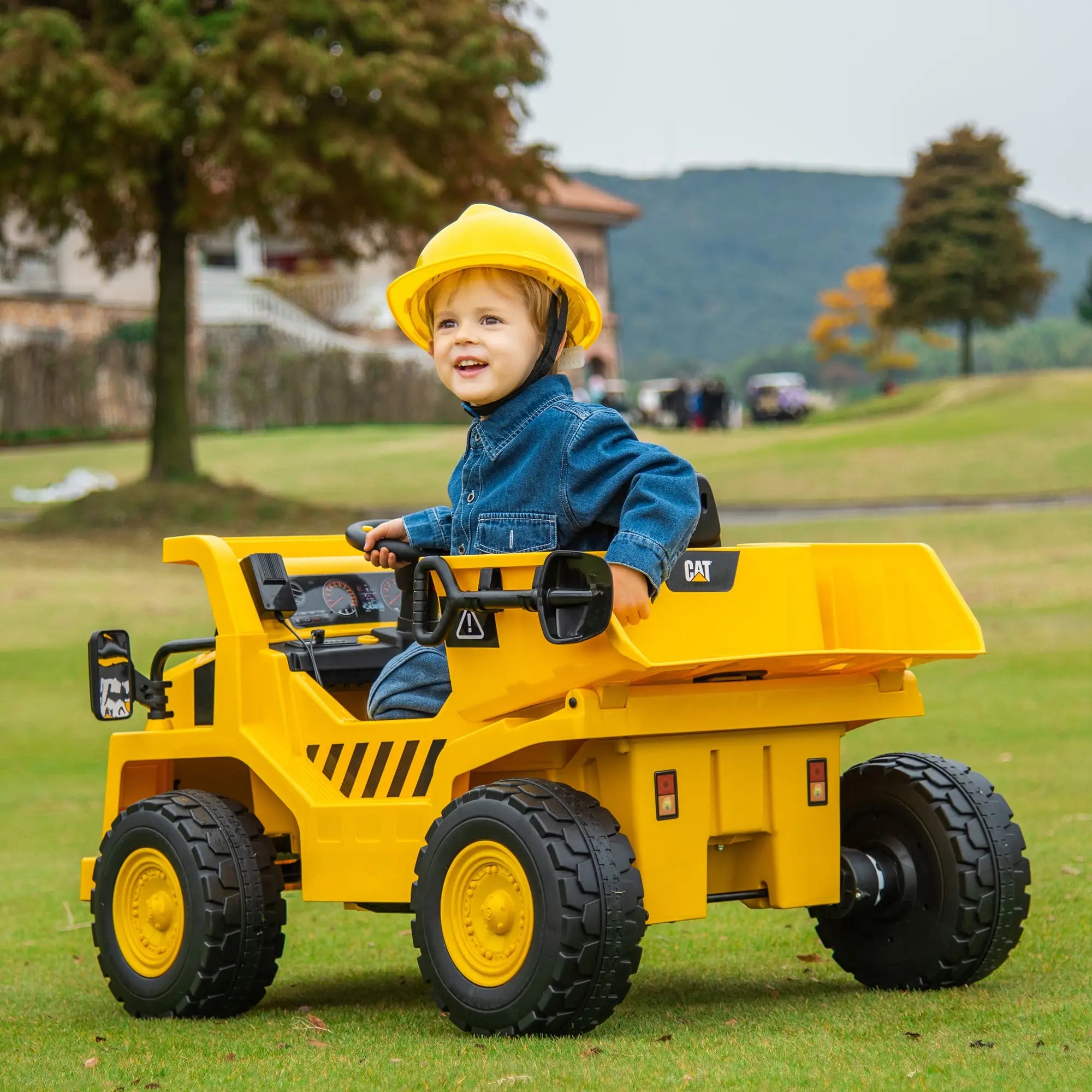Camion Elettrico Caterpillar 12V per Bambini con Telecomando, Benna, Pala, Luci LED e Musica