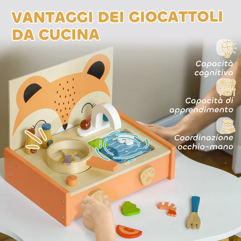 Cucina Giocattolo in Legno per Bambini con Fornello e 12 Accessori