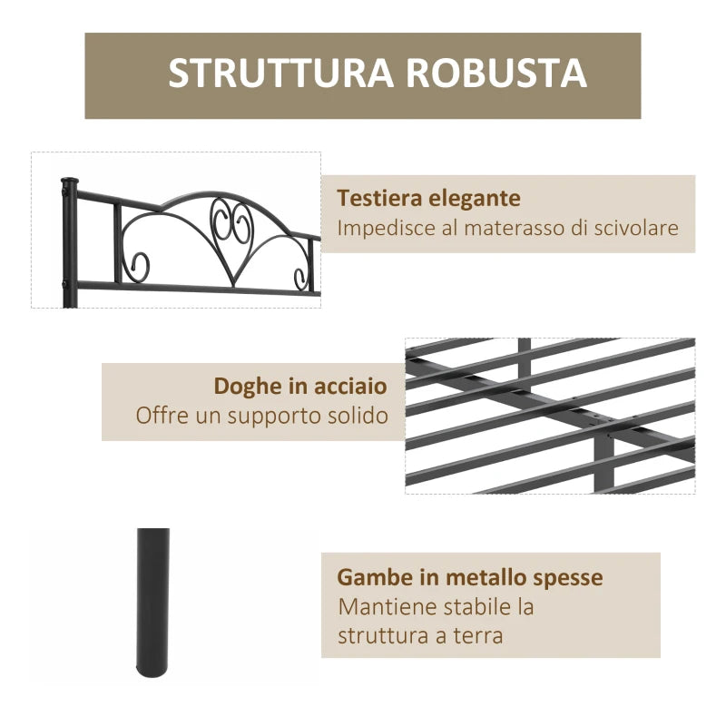 Struttura Letto Una Piazza e Mezza 140x200 cm in Acciaio con Testiera e Doghe