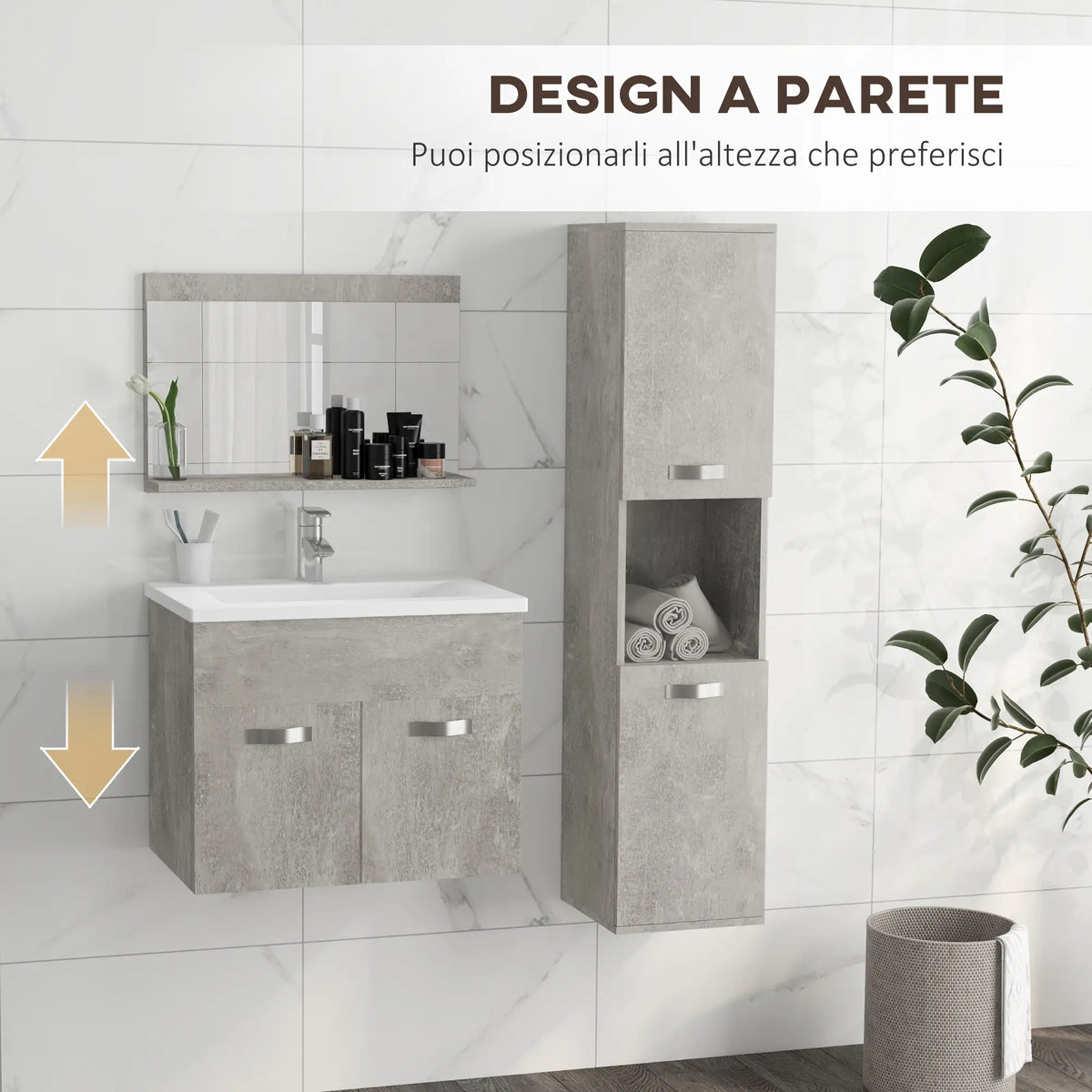 Set Mobile Bagno Grigio con Lavabo e Specchio 60 cm