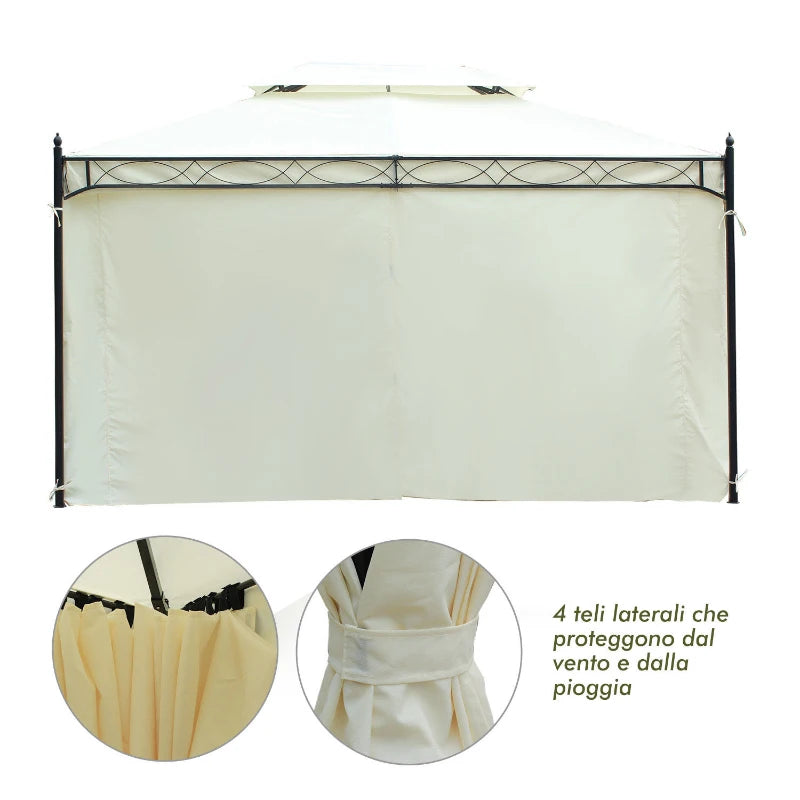 Gazebo da Giardino 3x4 m con Doppio Tetto e 4 Teli Laterali Crema