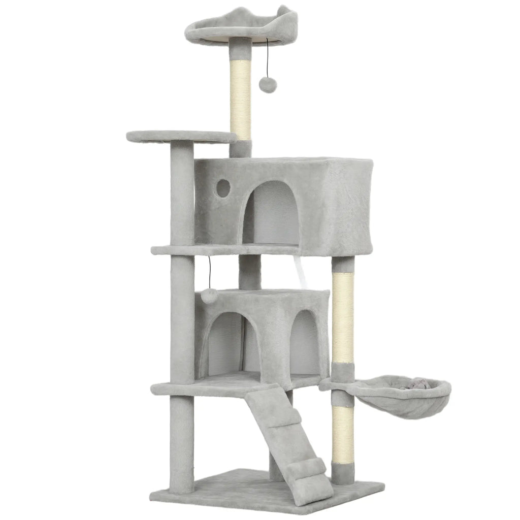 Albero Tiragraffi per Gatti con 2 Casette, Lettino, Amaca e Rivestimento in Peluche Grigio
