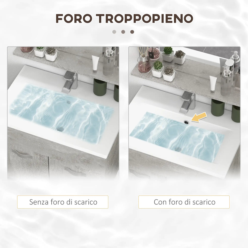 Set Mobile Bagno Grigio con Lavabo e Specchio 60 cm
