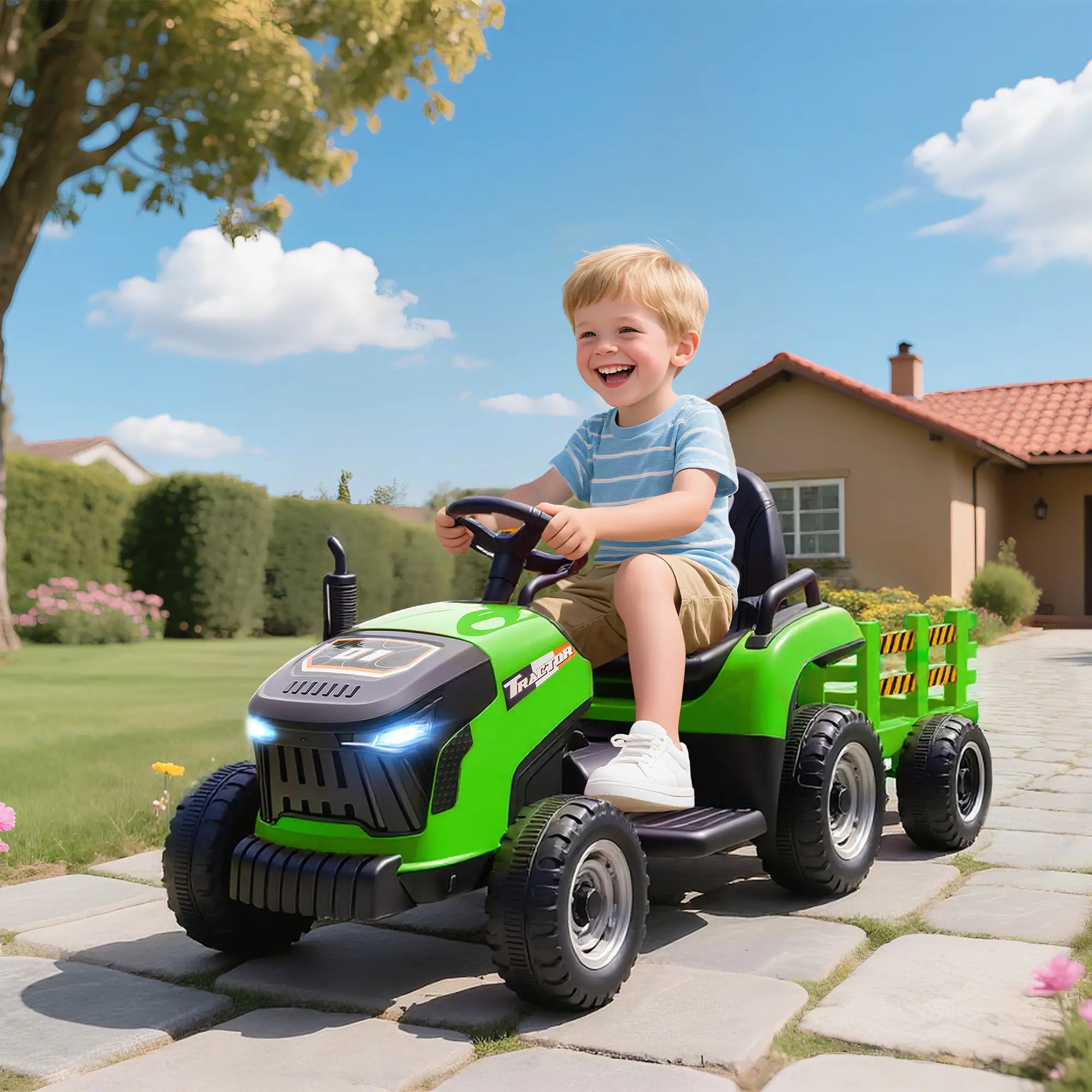 Trattore Elettrico 12V per Bambini con Rimorchio Rimovibile, Telecomando, Luci LED e Musica