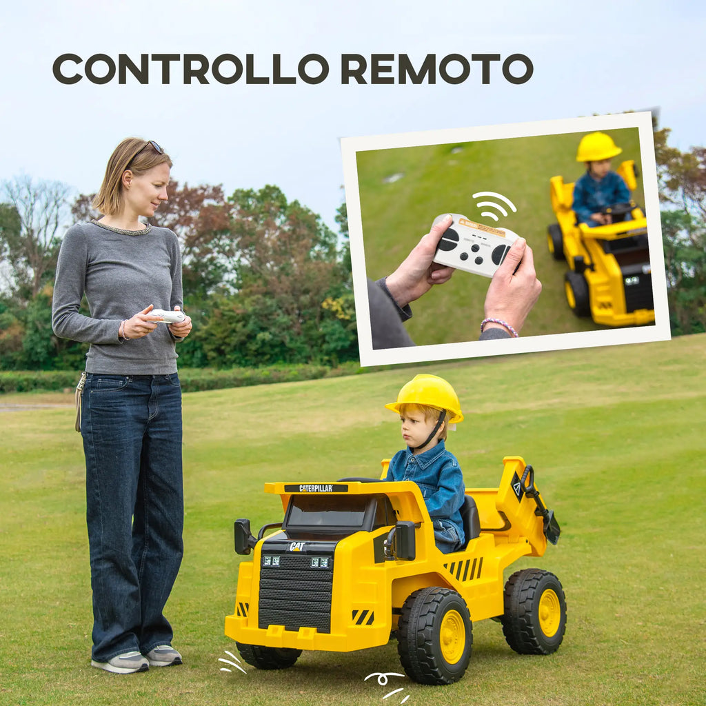 Camion Elettrico Caterpillar 12V per Bambini con Telecomando, Benna, Pala, Luci LED e Musica
