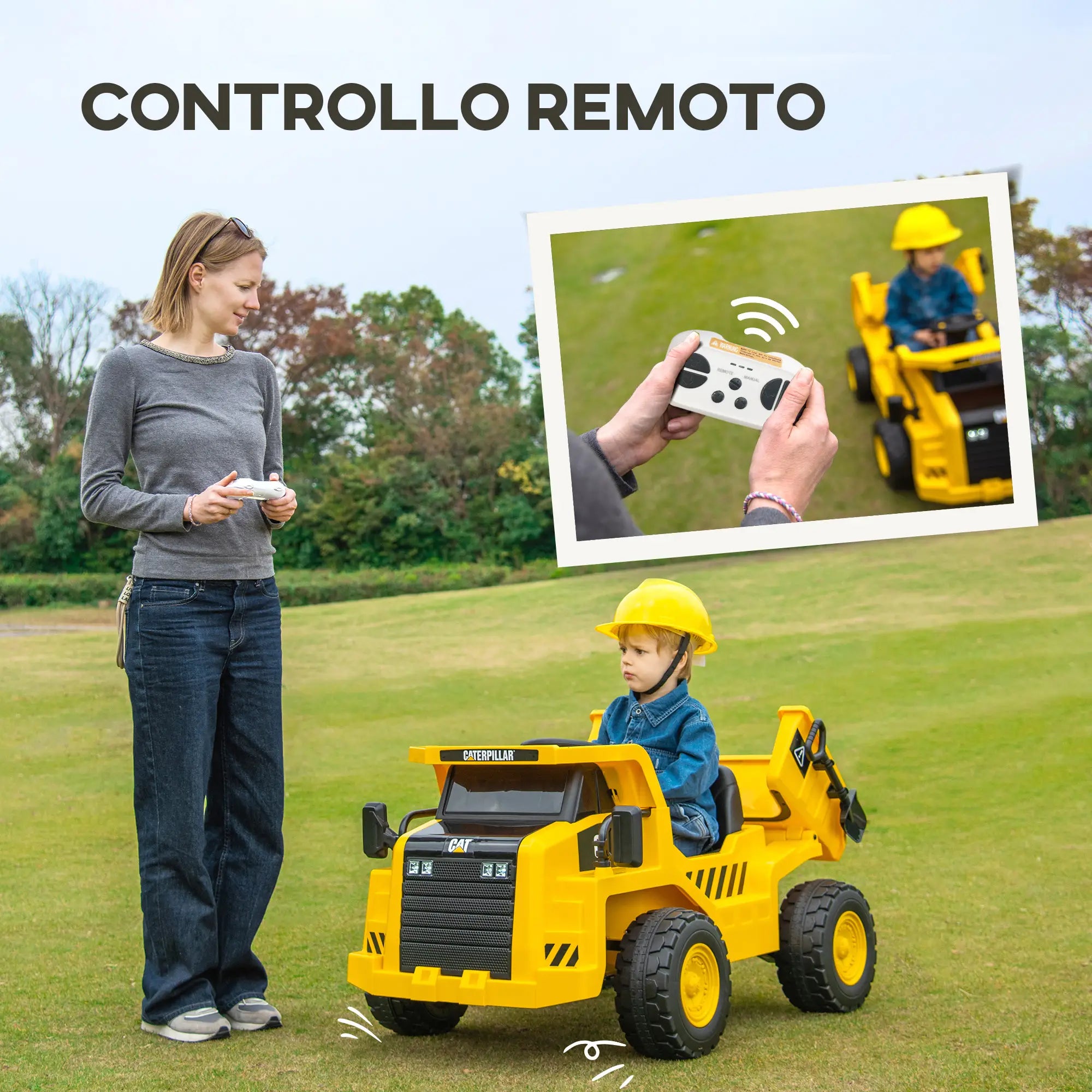 Camion Elettrico Caterpillar 12V per Bambini con Telecomando, Benna, Pala, Luci LED e Musica