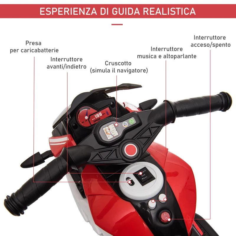 Moto Elettrica per Bambini 3-5 Anni con Fari, Musica e Batteria Rossa