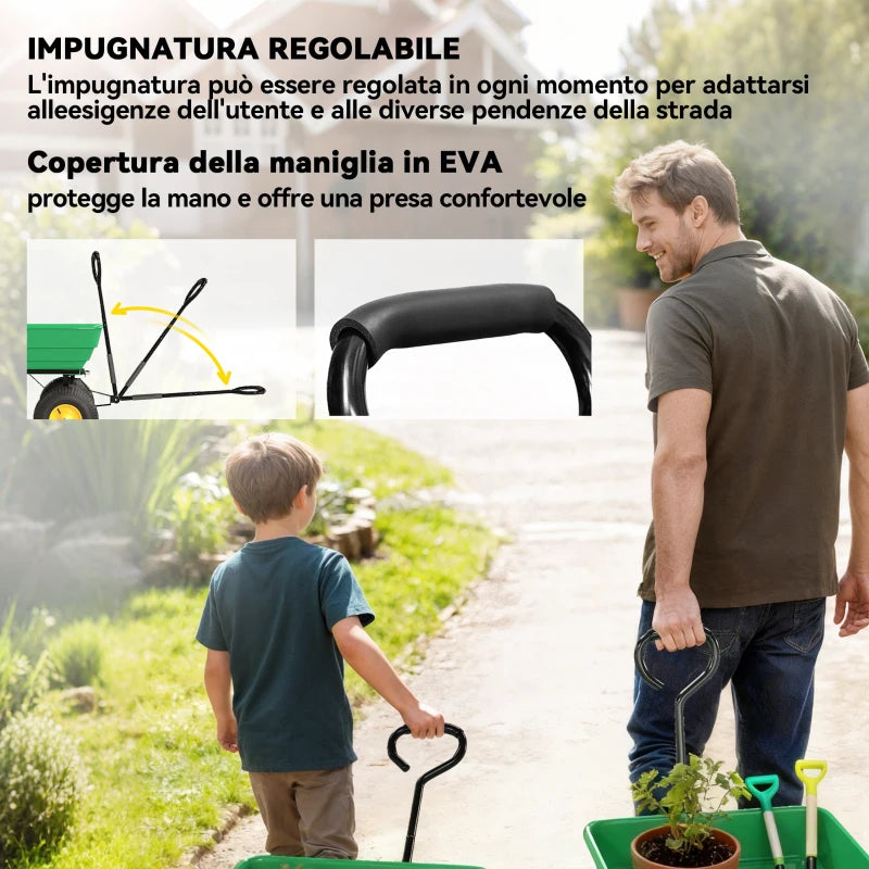 Carrello da Giardino Ribaltabile 75 L con 4 Ruote e Maniglia Regolabile