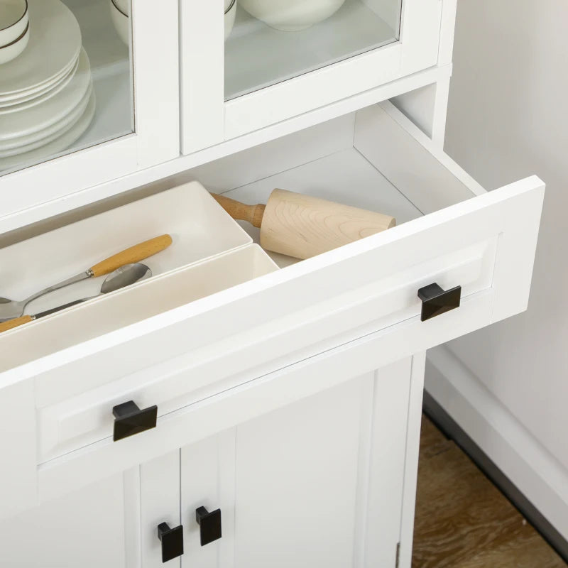 Credenza Alta da Cucina con Ante in Vetro, 2 Armadietti, Cassetto e Ripiani Regolabili