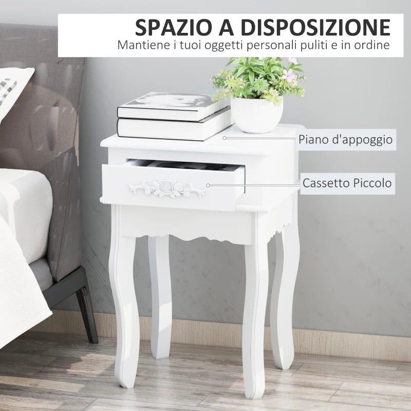Comodino Moderno Bianco con Cassetto e Ripiano