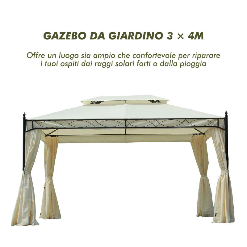 Gazebo da Giardino 3x4 m con Doppio Tetto e 4 Teli Laterali Crema