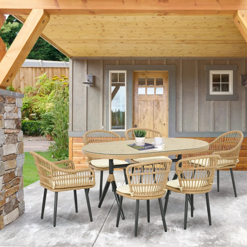 Set da Giardino in Rattan PE 7 Pezzi con Tavolo da Pranzo e 6 Sedie