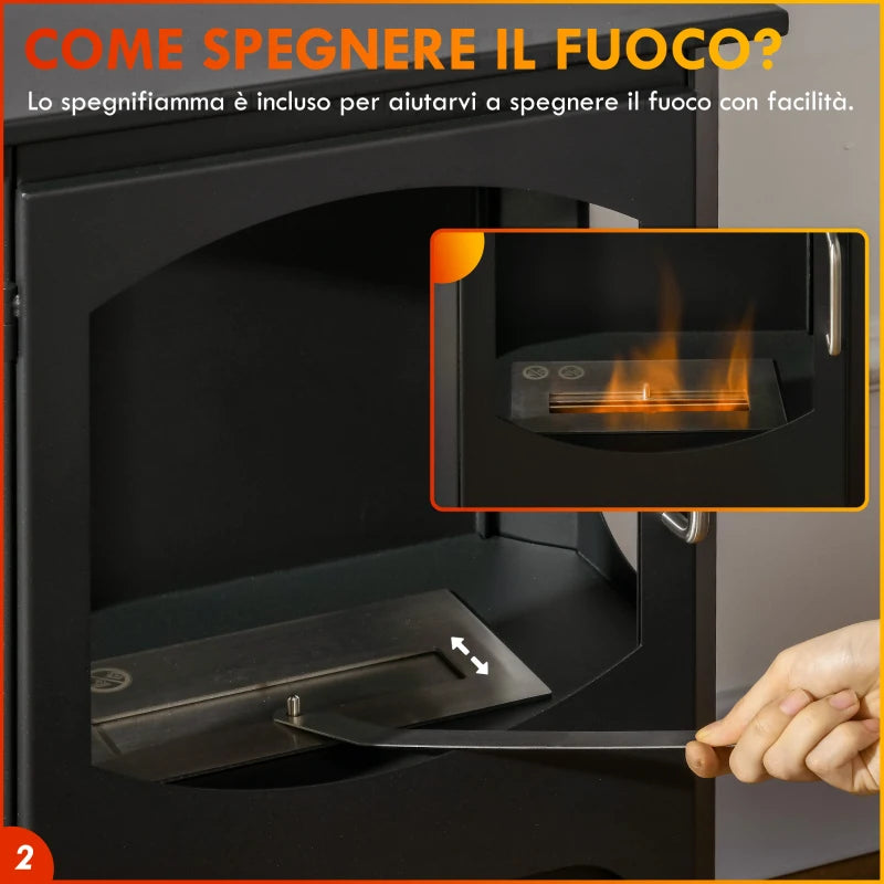 Camino a Bioetanolo Autoportante, Bruciatore da 1.2L Durata 3 Ore, Area Riscaldata 20-25 m², Nero