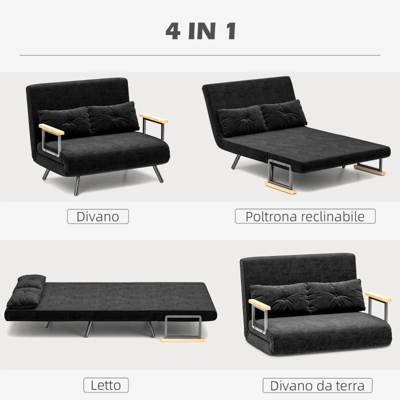 Divano Letto 3 in 1 in Tessuto Effetto Velluto con Schienale Regolabile Nero