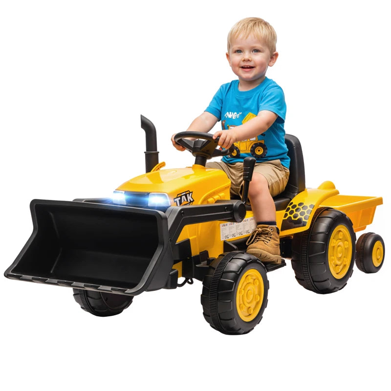 Escavatore Elettrico 12V per Bambini con Benna, Rimorchio, Telecomando e Luci LED
